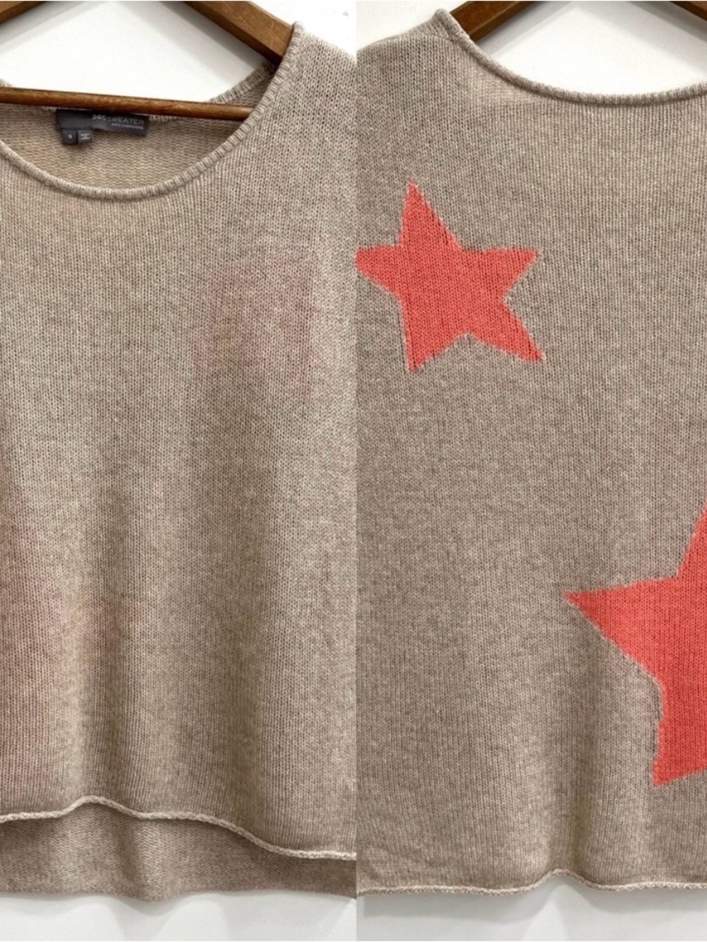 360 Sweater 100% cashmere short sleeve sleeveless sweater tan coral stars small